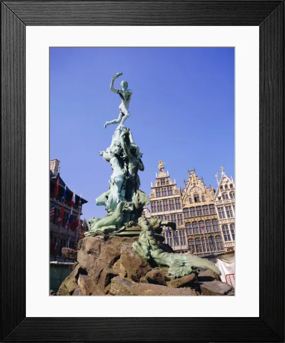 Framed Print : Bronze of Silvius Brabo who flings hand of defeated giant Antigonus into River Scheldt Framed Print : Bronze of Silvius Brabo who flings hand of defeated giant Antigonus into River Scheldt