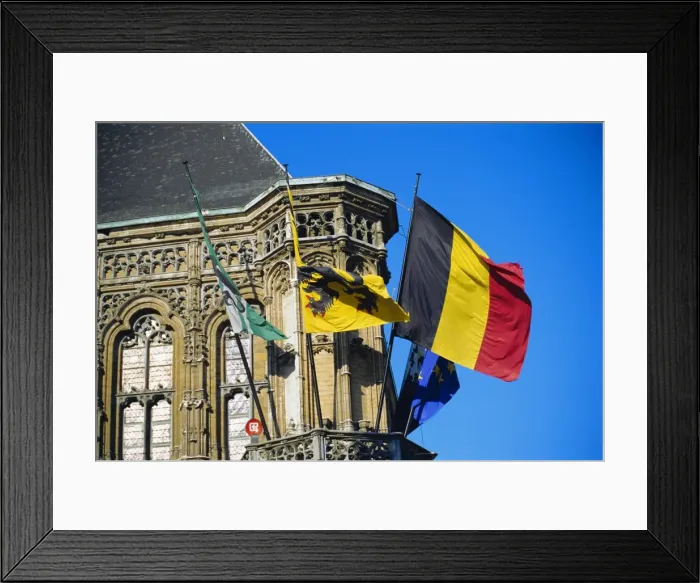 Framed Print : Flags of Belgium on the right, Flanders in the center on the town hall of Ghent Framed Print : Flags of Belgium on the right, Flanders in the center on the town hall of Ghent