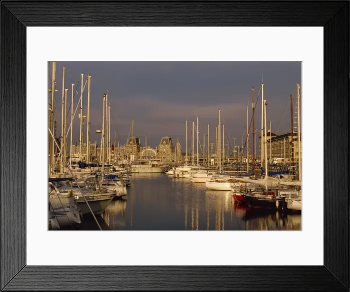 Framed Print : Boats in the harbour and the railway station behind in Ostend, Belgium, Europe Framed Print : Boats in the harbour and the railway station behind in Ostend, Belgium, Europe