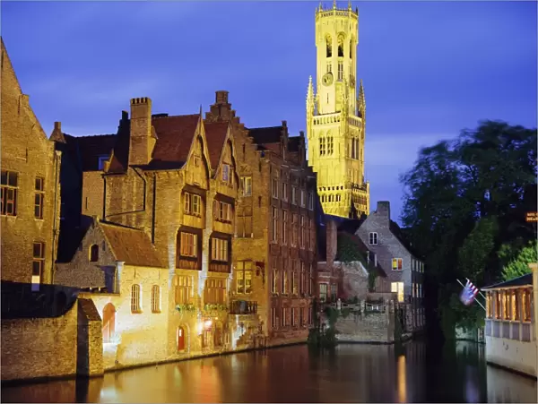 Gabled Houses and 13th c. Belfry along the canals, Bruges, Belgium