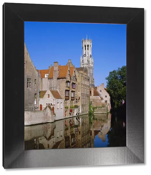 Looking towards the Belfry of Belfort Hallen, Bruges, Belgium