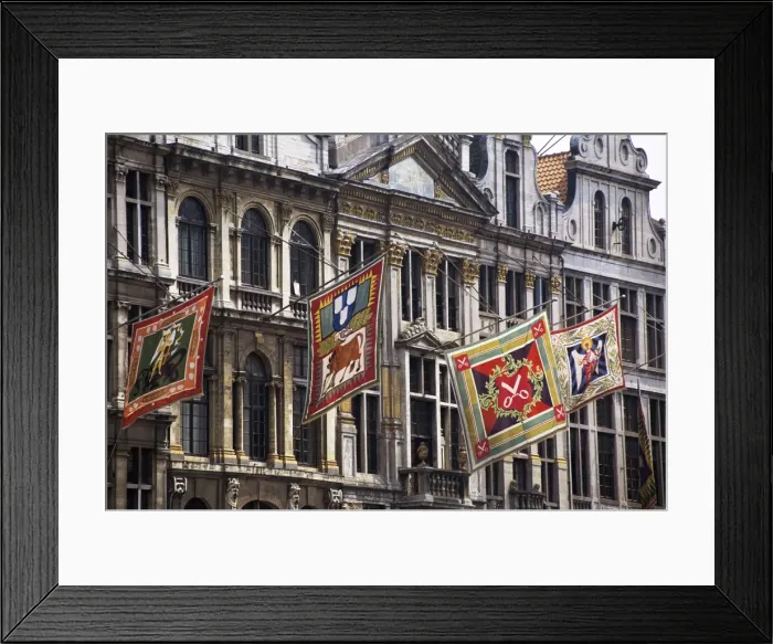Framed Print : Banners representing houses, Grand Place, Brussels, Belgium, Europe Framed Print : Banners representing houses, Grand Place, Brussels, Belgium, Europe