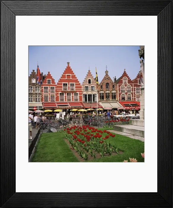 Framed Print : Gabled buildings and restaurants, Bruges, Belgium, Europe Framed Print : Gabled buildings and restaurants, Bruges, Belgium, Europe
