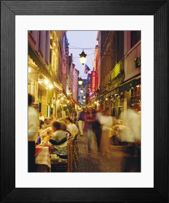 Framed Print : Restaurants in the Rue des Bouchers, Brussels, Belgium Framed Print : Restaurants in the Rue des Bouchers, Brussels, Belgium