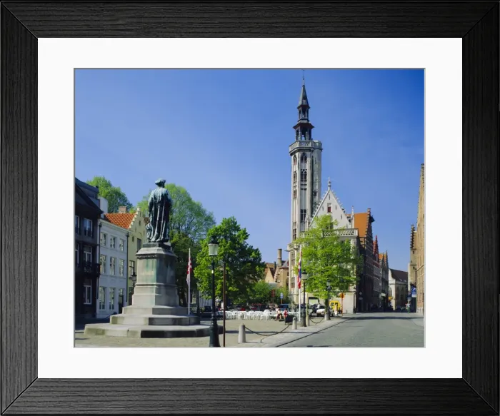 Framed Print : Poorters Loge and Jean van Eyck statue, Bruges, Belgium Framed Print : Poorters Loge and Jean van Eyck statue, Bruges, Belgium