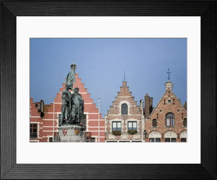 Framed Print : Statue and facades in Main Square (Markt), Bruges, Belgium, Europe Framed Print : Statue and facades in Main Square (Markt), Bruges, Belgium, Europe