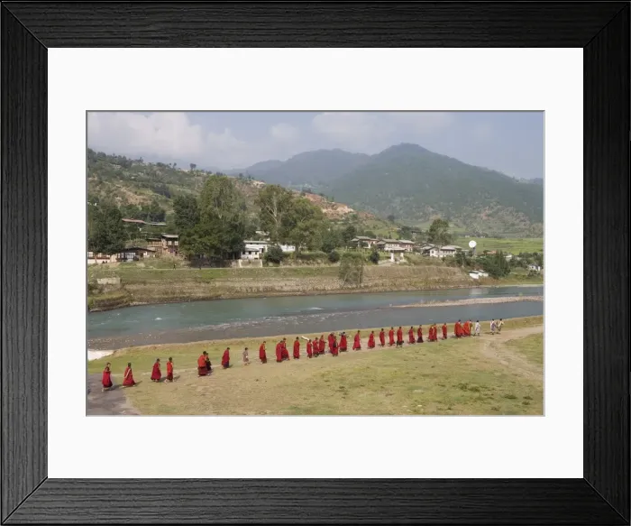 Framed Print : Buddhist monks from Punakha Dzong going to the river to meditate, Punakha, Bhutan, Asia Framed Print : Buddhist monks from Punakha Dzong going to the river to meditate, Punakha, Bhutan, Asia