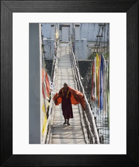 Framed Print : Buddhist Monk crossing bridge to Punakha Dzong, Punakha, Bhutan, Asia Framed Print : Buddhist Monk crossing bridge to Punakha Dzong, Punakha, Bhutan, Asia