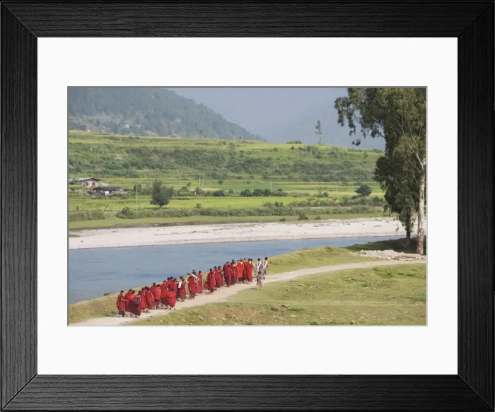 Framed Print : Buddhist monks from Punakha Dzong, going to river for meditation, Punakha, Bhutan, Asia Framed Print : Buddhist monks from Punakha Dzong, going to river for meditation, Punakha, Bhutan, Asia