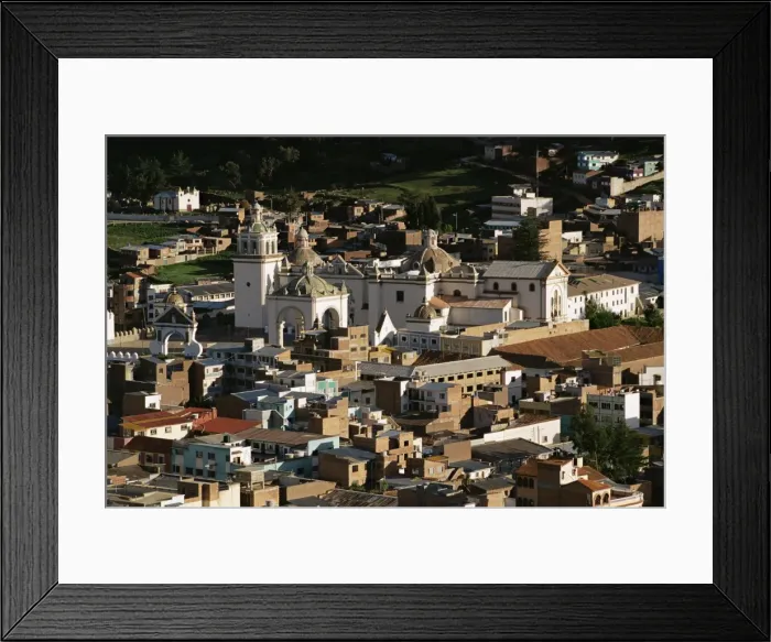Framed Print : Aerial view of cathedral and town, Copacabana, Lake Titicaca, Bolivia, South America Framed Print : Aerial view of cathedral and town, Copacabana, Lake Titicaca, Bolivia, South America