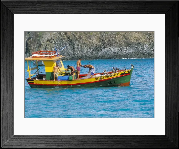 Framed Print : Fishermen on fishing boat, Parque Nacional de Fernando de Norohna, Fernando de Noronha