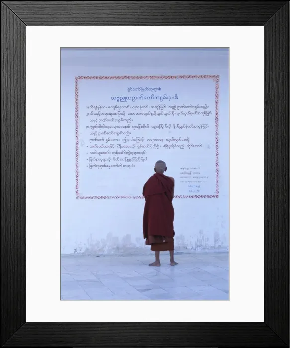 Framed Print : Monk reading Burmese wall script, Shwedagon, Yangon (Rangoon), Myanmar (Burma), Asia