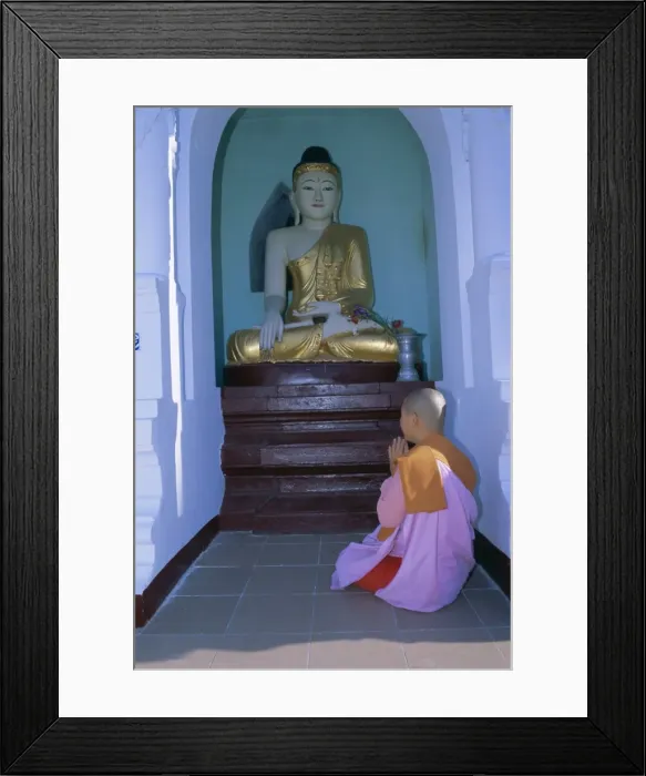 Framed Print : Nun and statue of the Buddha, Shwedagon Paya (Shwe Dagon pagoda), Yangon (Rangoon) Framed Print : Nun and statue of the Buddha, Shwedagon Paya (Shwe Dagon pagoda), Yangon (Rangoon)