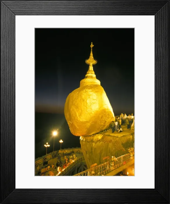 Framed Print : Balanced rock covered in gold leaf, major Buddhist stupa and pilgrim site Framed Print : Balanced rock covered in gold leaf, major Buddhist stupa and pilgrim site
