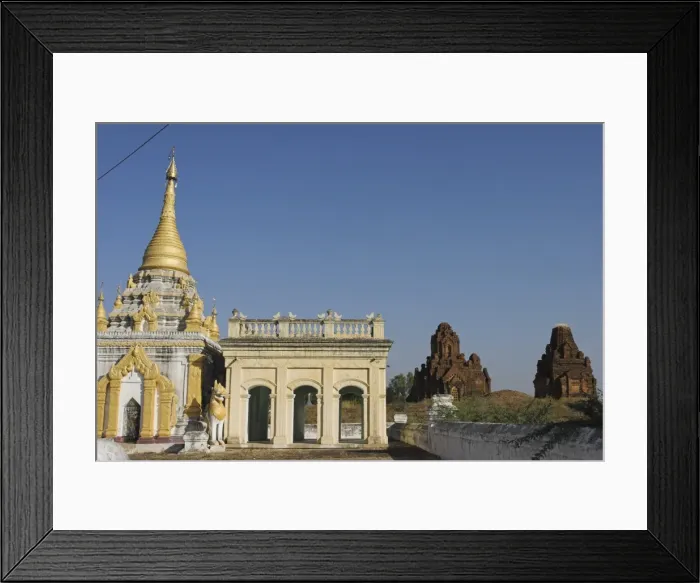 Framed Print : Pagoda with Payathonzu complex of three brick shrines in the background Framed Print : Pagoda with Payathonzu complex of three brick shrines in the background