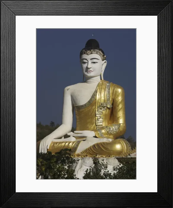 Framed Print : Boddhi Tataung (One thousand Bo trees), large seated statue of the Buddha looking down on small Buddhas in a grove of Bo trees, Monywa, Sagaing Division, Myanmar