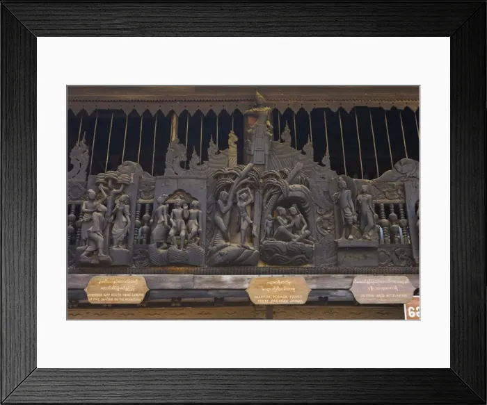 Framed Print : Carvings of Jataka and Ramayana tales, Youqson Kyaung (Yoke-Sone Kyaung) the oldest surviving wooden monastery in the Bagan area, now a museum containing articles from the Konbaung period, Salay (Sale), Myanmar Framed Print : Carvings of Jataka and Ramayana tales, Youqson Kyaung (Yoke-Sone Kyaung) the oldest surviving wooden monastery in the Bagan area, now a museum containing articles from the Konbaung period, Salay (Sale), Myanmar