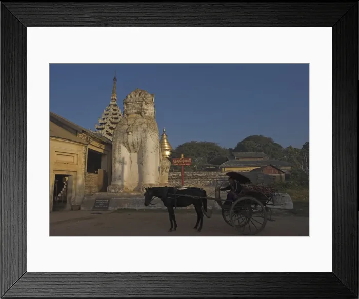 Framed Print : Horse and cart beside lion statue at the entrance to the Shwezigon Paya Framed Print : Horse and cart beside lion statue at the entrance to the Shwezigon Paya