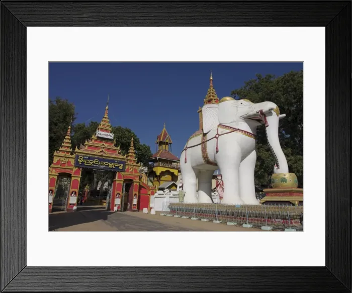 Framed Print : White elephant guards entrance to Thanboddhay Paya built in the 20th century by Moehnyin Sayadaw Framed Print : White elephant guards entrance to Thanboddhay Paya built in the 20th century by Moehnyin Sayadaw