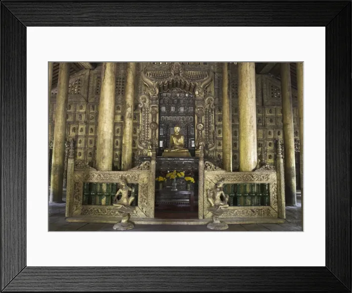 Framed Print : Interior of traditional wooden monastery, once part of the Royal Palace complex used by King Mindon