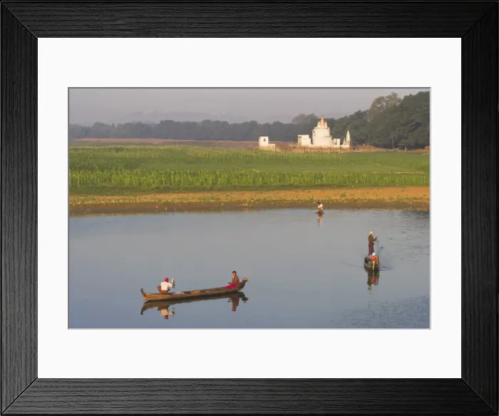 Framed Print : People fishing on Taugthaman Lake near Spiral temple and U Beins Bridge