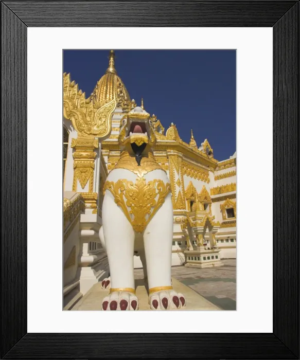 Framed Print : Large white and gold statues of a chinthe stand guard at Swedawmyat Paya Framed Print : Large white and gold statues of a chinthe stand guard at Swedawmyat Paya