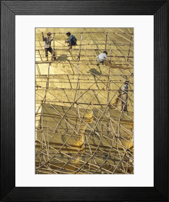 Framed Print : Workers on bamboo scaffolding applying fresh gold leaf to the Shwedagon Pagoda Framed Print : Workers on bamboo scaffolding applying fresh gold leaf to the Shwedagon Pagoda