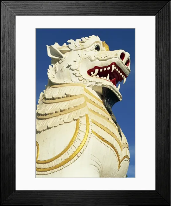 Framed Print : Close-up of the huge lion statue (chinthe), at the foot of the stairs to Mandalay Hill Framed Print : Close-up of the huge lion statue (chinthe), at the foot of the stairs to Mandalay Hill