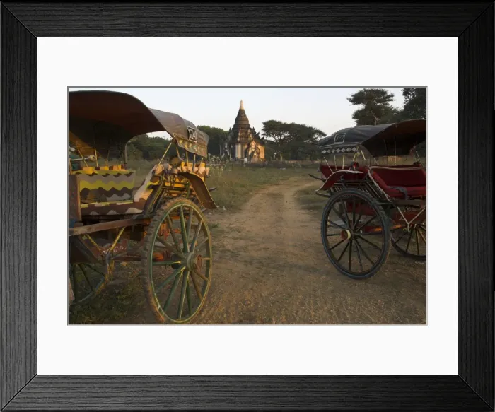 Framed Print : View at sunset with horse cart and typical temple, Bagan (Pagan), Myanmar (Burma), Asia Framed Print : View at sunset with horse cart and typical temple, Bagan (Pagan), Myanmar (Burma), Asia