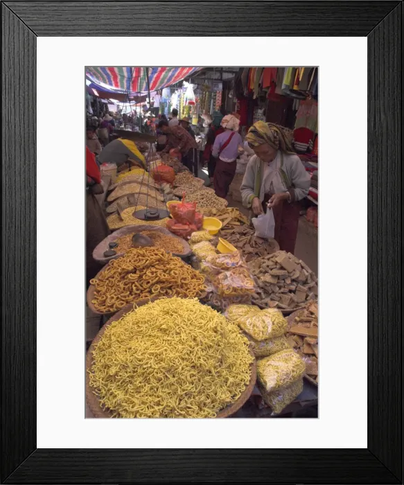 Framed Print : Dry food on indoor stalls in market, Augban, Shan State, Myanmar (Burma), Asia