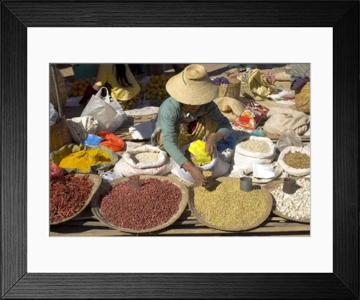 Framed Print : Woman selling peanuts and other pulses at local market, Kalaw, Shan State Framed Print : Woman selling peanuts and other pulses at local market, Kalaw, Shan State