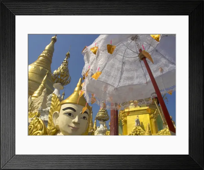 Framed Print : Mystical figure, white umbrella and golden stupas, Shwedagon Paya, Yangon (Rangoon)