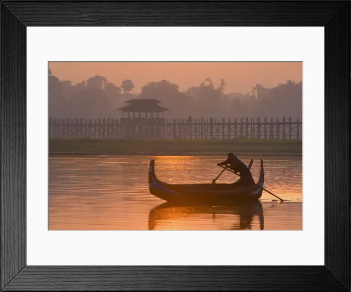 Framed Print : Boat on Thaungthaman Lake, and U Beins Bridge, at 1. 2 km long the worlds longest teak bridge, Amarapura, Myanmar Framed Print : Boat on Thaungthaman Lake, and U Beins Bridge, at 1. 2 km long the worlds longest teak bridge, Amarapura, Myanmar