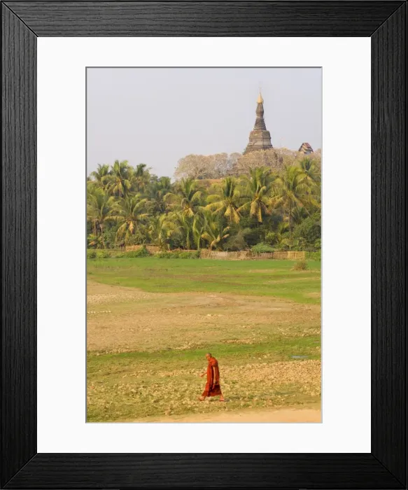 Framed Print : Monk walking past Zina-man-aung paya, Mrauk U, Myanmar (Burma), Asia Framed Print : Monk walking past Zina-man-aung paya, Mrauk U, Myanmar (Burma), Asia