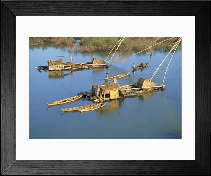 Framed Print : Fishing rafts and fishermen on canoes in Cambodia, Indochina, Southeast Asia, Asia Framed Print : Fishing rafts and fishermen on canoes in Cambodia, Indochina, Southeast Asia, Asia