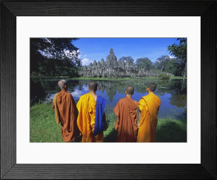 Framed Print : Buddhist monks standing in front of the Bayon temple, Angkor, UNESCO World Heritage Site