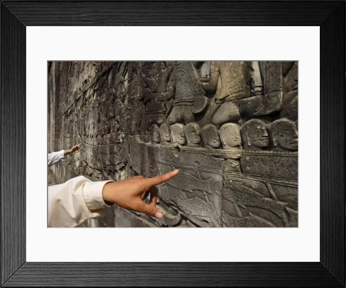 Framed Print : Reliefs depicting daily life in the Angkorian empire, Bayon temple, Angkor Framed Print : Reliefs depicting daily life in the Angkorian empire, Bayon temple, Angkor