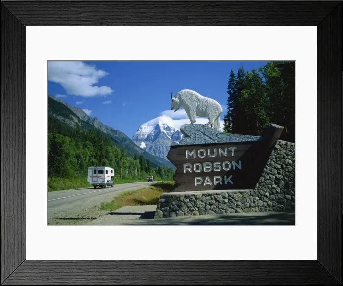 Framed Print : Road and sign for Mount Robson Provincial Park, with mountain in the background Framed Print : Road and sign for Mount Robson Provincial Park, with mountain in the background