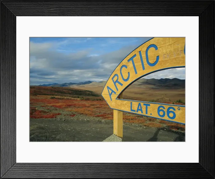 Framed Print : Arctic Circle crossing point on road across tundra, Dempster Highway, Yukon, Canada Framed Print : Arctic Circle crossing point on road across tundra, Dempster Highway, Yukon, Canada