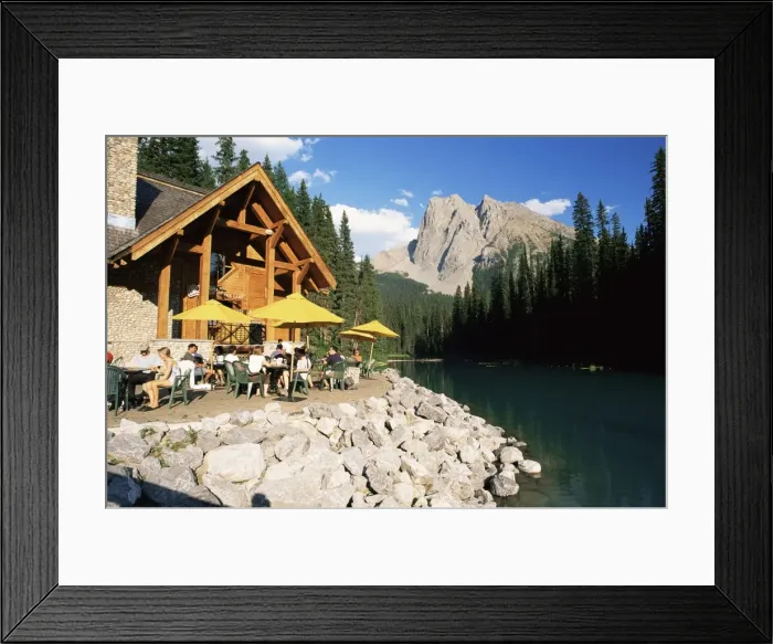 Framed Print : Restaurant overlooking Emerald Lake, with Mount Burgess beyond, in evening light Framed Print : Restaurant overlooking Emerald Lake, with Mount Burgess beyond, in evening light