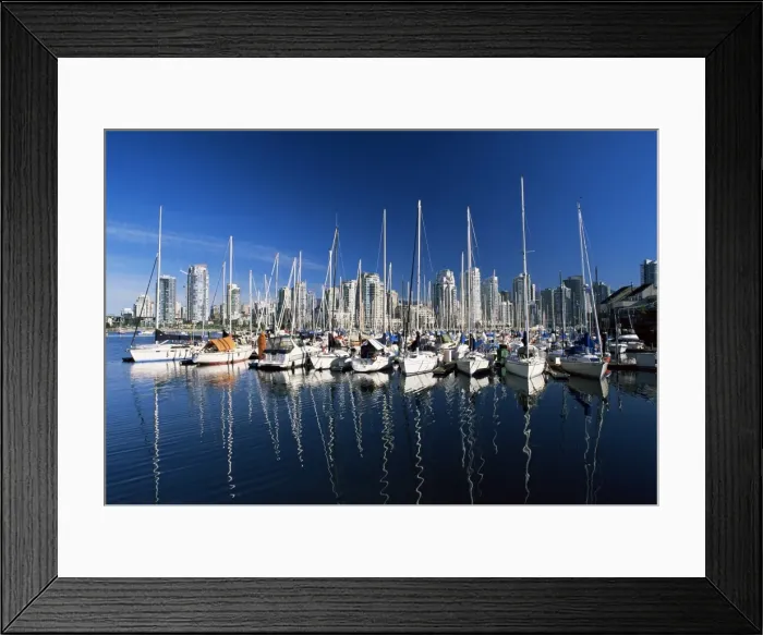 Framed Print : Yachts moored in False Creek marina, with downtown skyscrapers behind, Vancouver