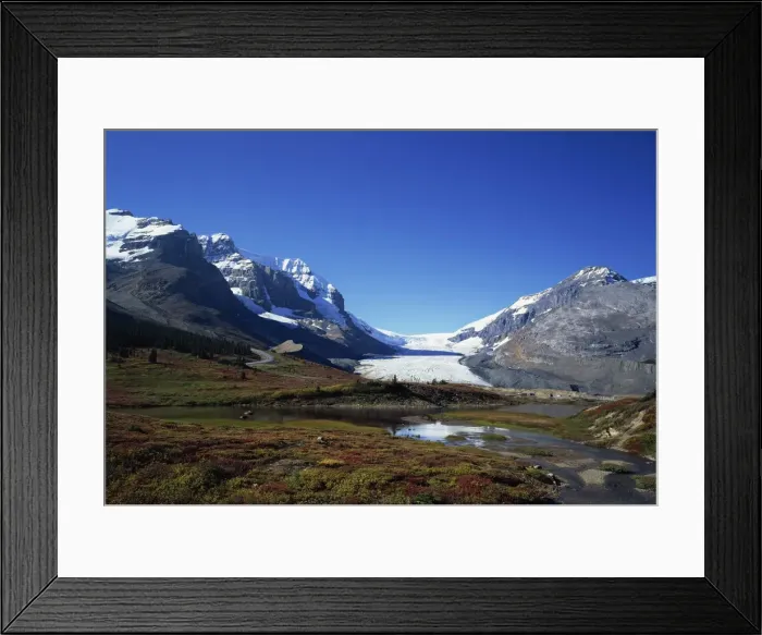 Framed Print : Landscape of the Sunwapta Lake and Athabasca Glacier in the Jasper National Park in the Rocky Mountains, UNESCO World Heritage Site, Alberta, Canada Framed Print : Landscape of the Sunwapta Lake and Athabasca Glacier in the Jasper National Park in the Rocky Mountains, UNESCO World Heritage Site, Alberta, Canada
