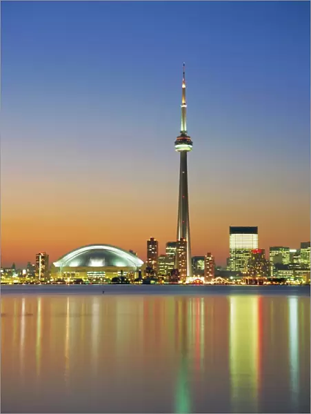 City skyline including CN Tower in the evening, Toronto, Ontario, Canada