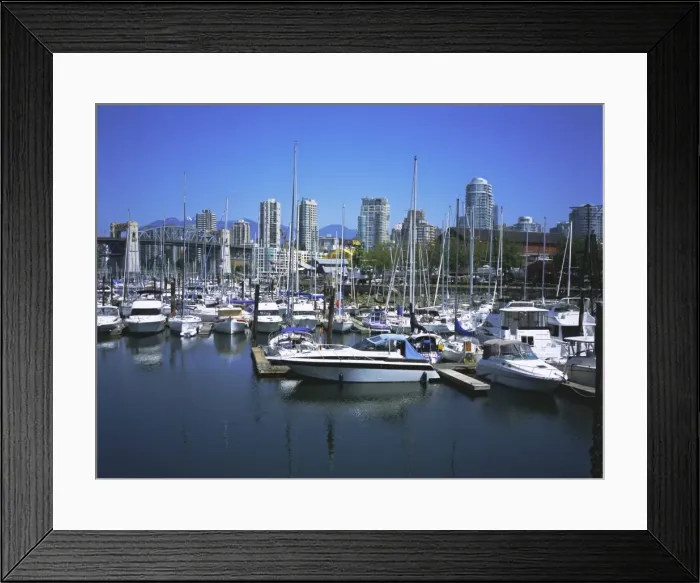 Framed Print : Boats moored in False Creek by Granville Island with the Burrard Bridge Framed Print : Boats moored in False Creek by Granville Island with the Burrard Bridge