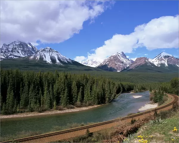 Bow River and railway at Morants Curve, from Bow Valley Parkway, Banff National Park