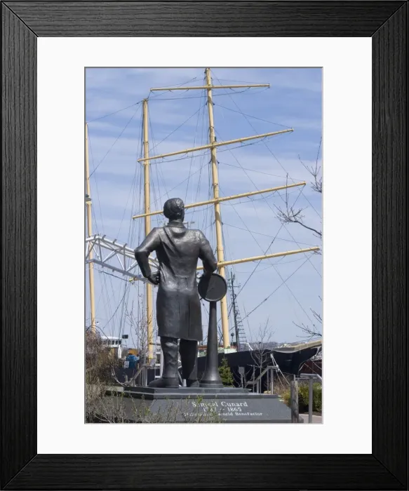 Framed Print : Statue of Samuel Cunard, native of Halifax, in front of tall ship on Harbour Walk Framed Print : Statue of Samuel Cunard, native of Halifax, in front of tall ship on Harbour Walk