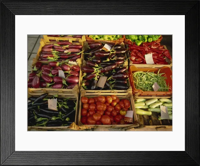 Framed Print : Close-up of crates of aubergines, tomatoes, peppers and other vegetables in the market at Tenerife Framed Print : Close-up of crates of aubergines, tomatoes, peppers and other vegetables in the market at Tenerife