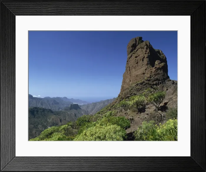 Framed Print : Roque Bentaiga, 1412m, and the view west towards San Nicholas from the footpath Framed Print : Roque Bentaiga, 1412m, and the view west towards San Nicholas from the footpath