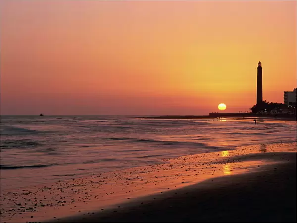Playa de Maspalomas and lighthouse at sunset, Gran Canaria, Canary Islands