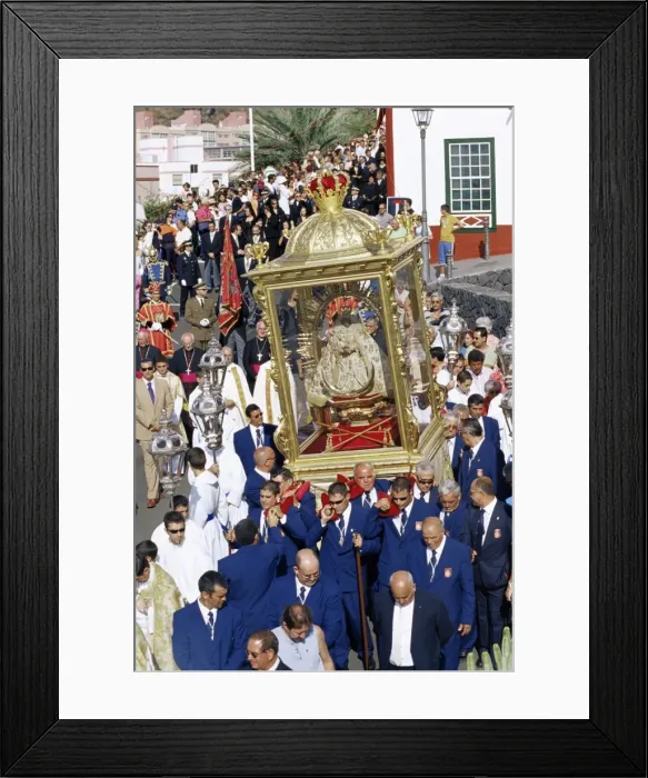 Framed Print : The Descent of Our Lady of Snows shrine carried through the streets during religious festival
